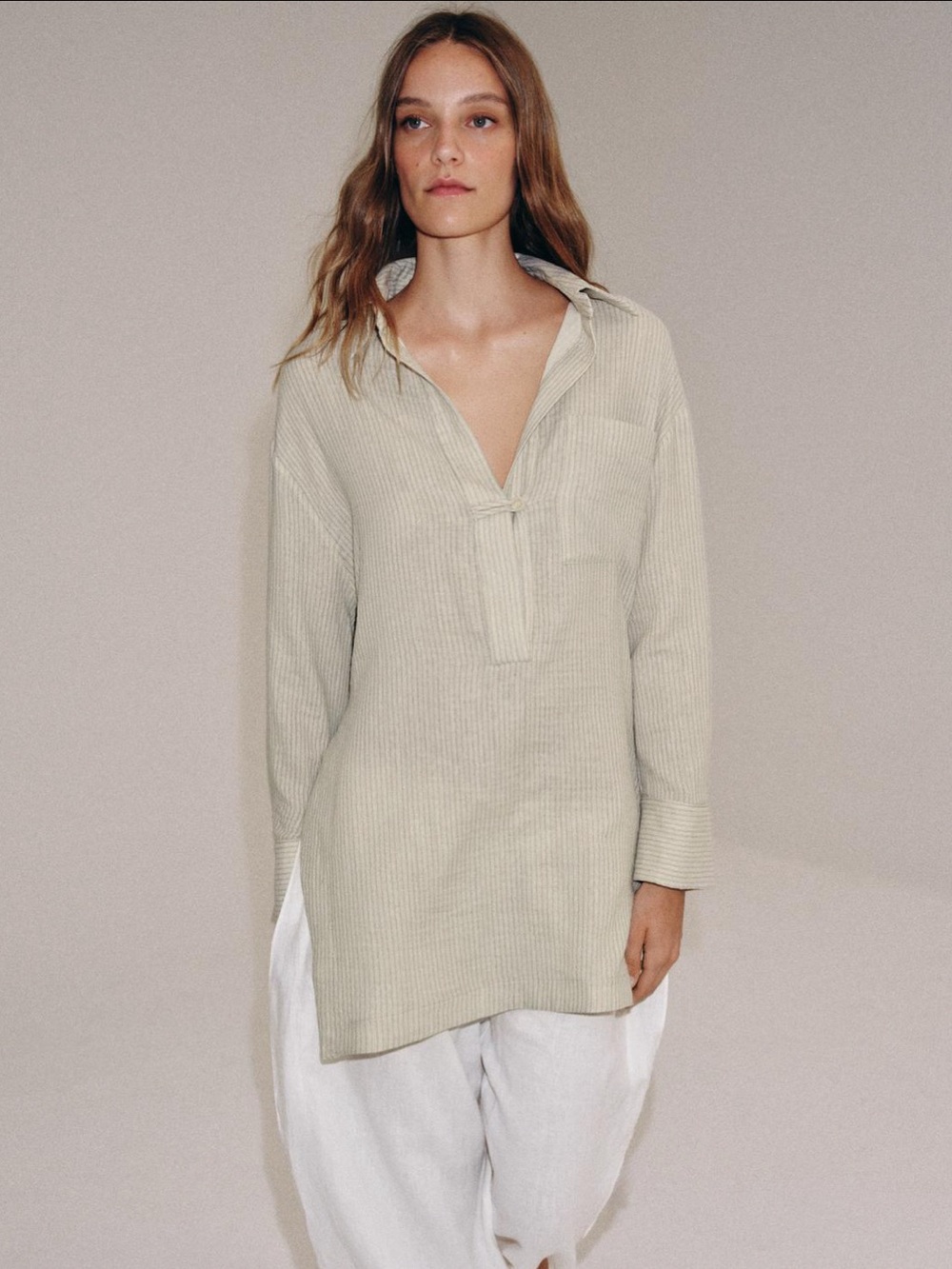 Zara Light Beige Ribbed Tunic Top